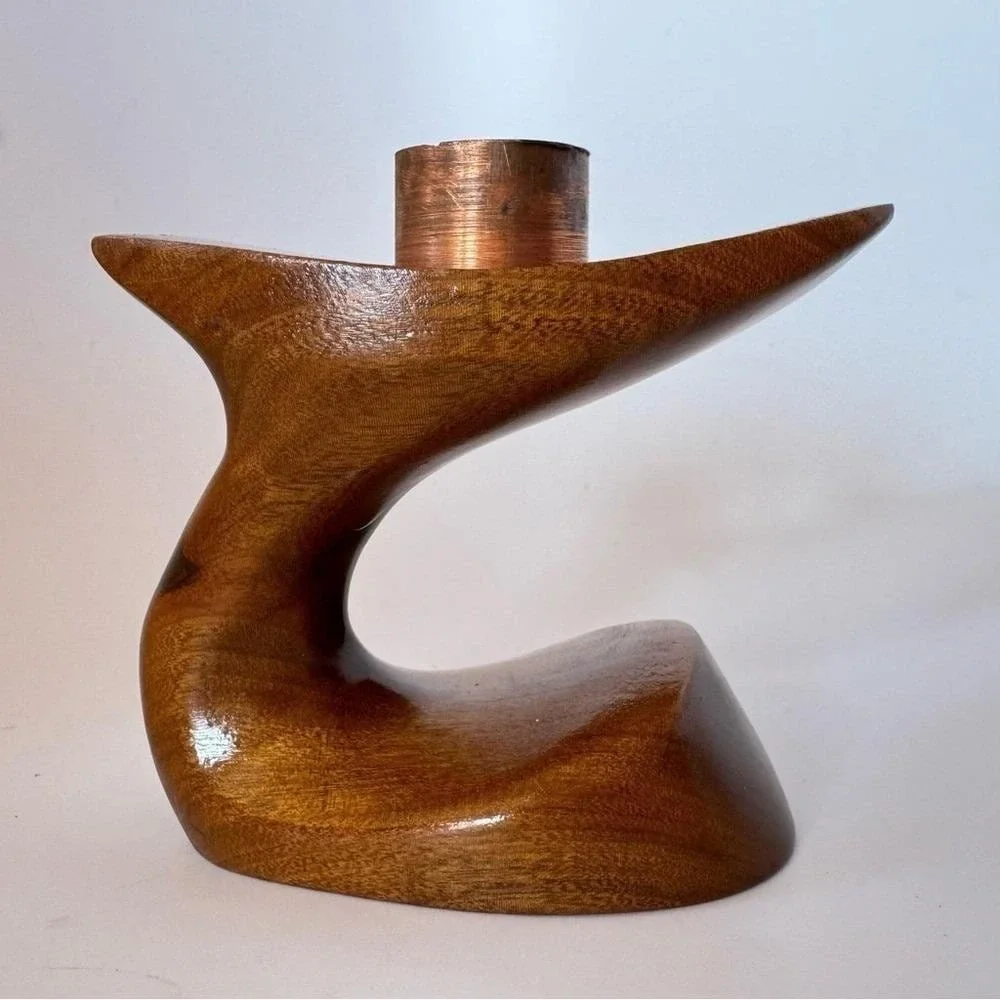 Candle Holder Wooden Sculpture Whale Biomorphic Copper Cylinder MCM Art Piece
